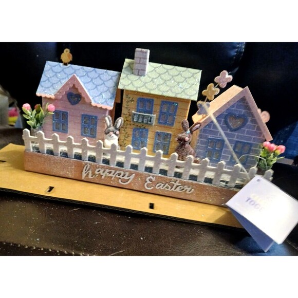 Happy Easter LED Putz Village Houses W/Timer Lights 9.75 X 5.5" X 2.5" - Picture 4 of 9